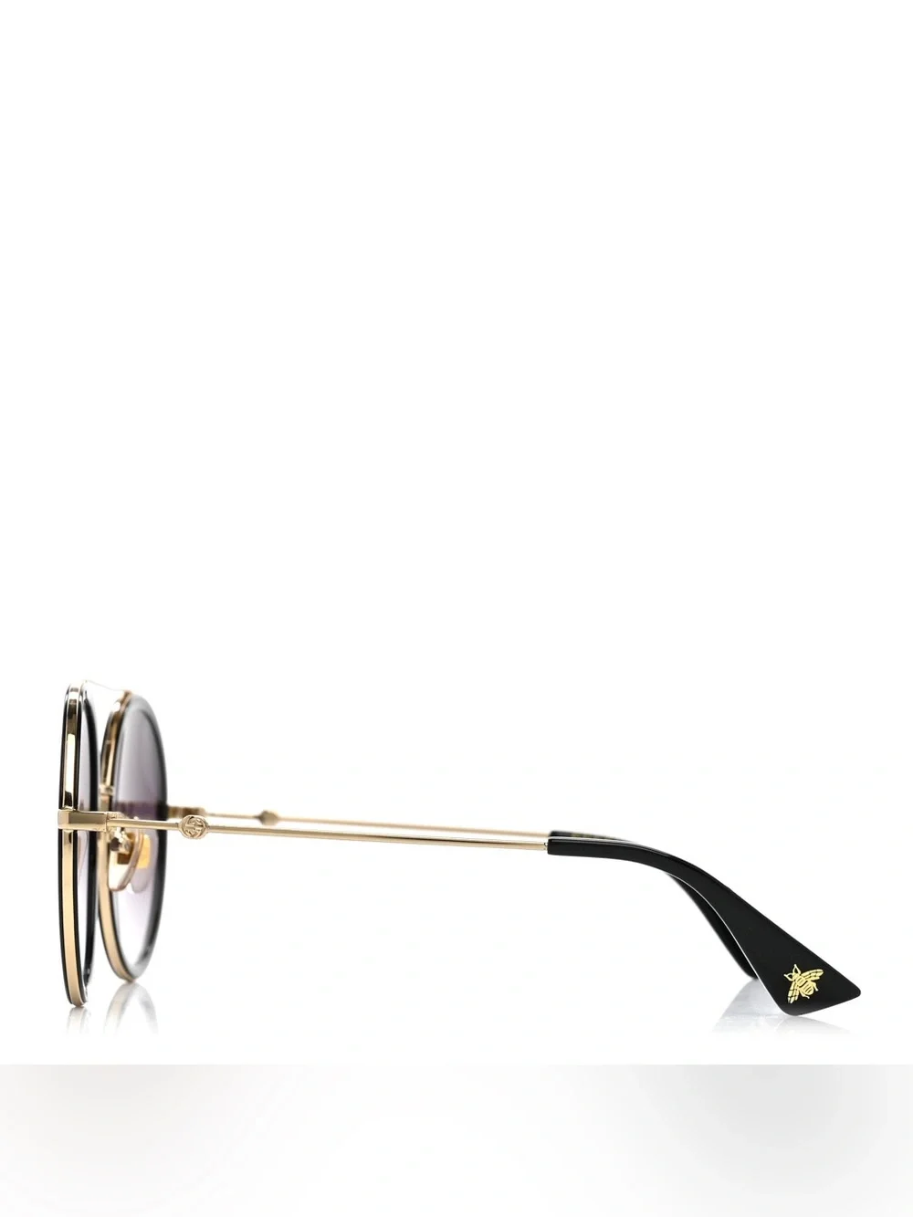 Gucci Men’s Metal Round Frame Sunglasses Black Gold Gradient Lenses Bee Logo